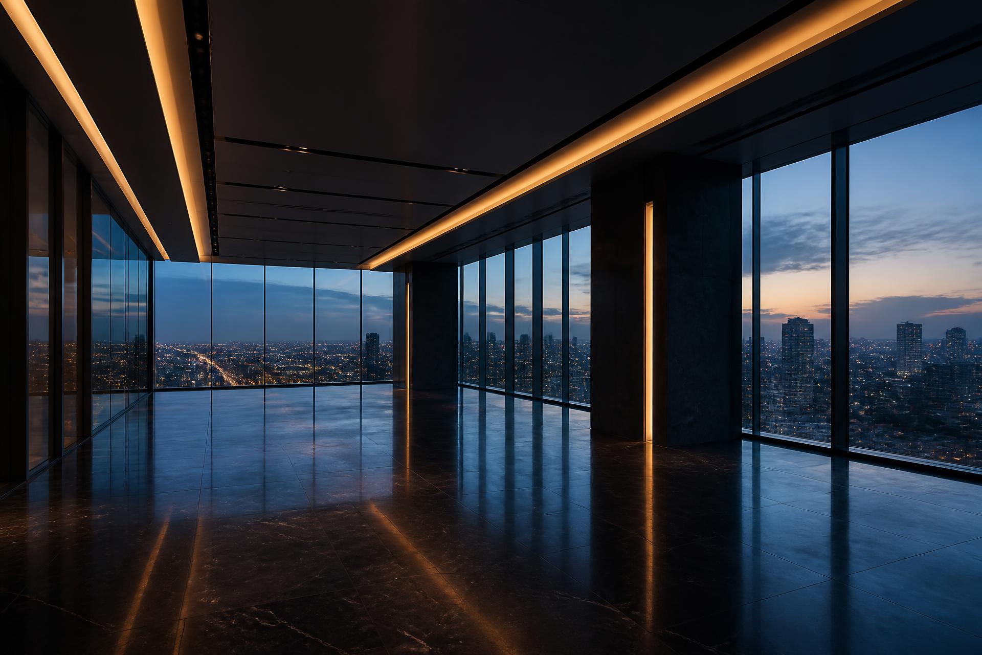 Modern corporate office interior at dusk